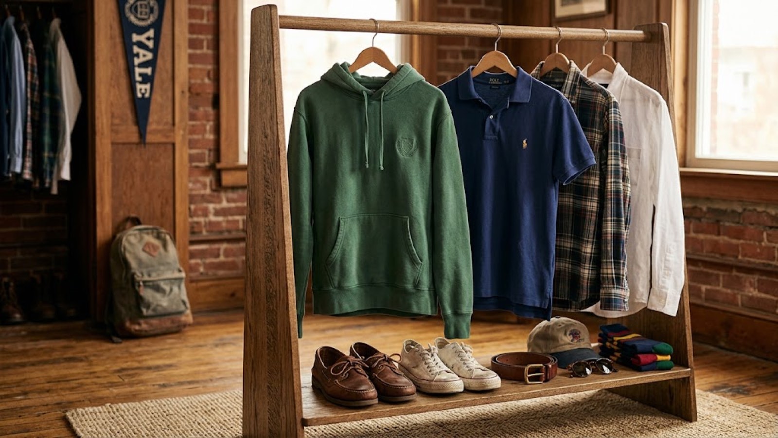 A clothing display in a boutique: sweaters and shirts hung on a wooden rail above a row of shoes and a folded stack
