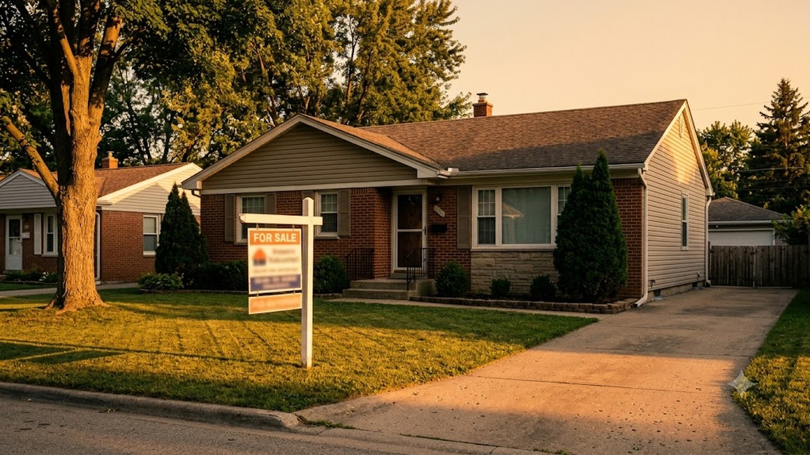 A modest single-story house at golden hour with a real-estate sign planted in the front lawn and a tree shading the driveway