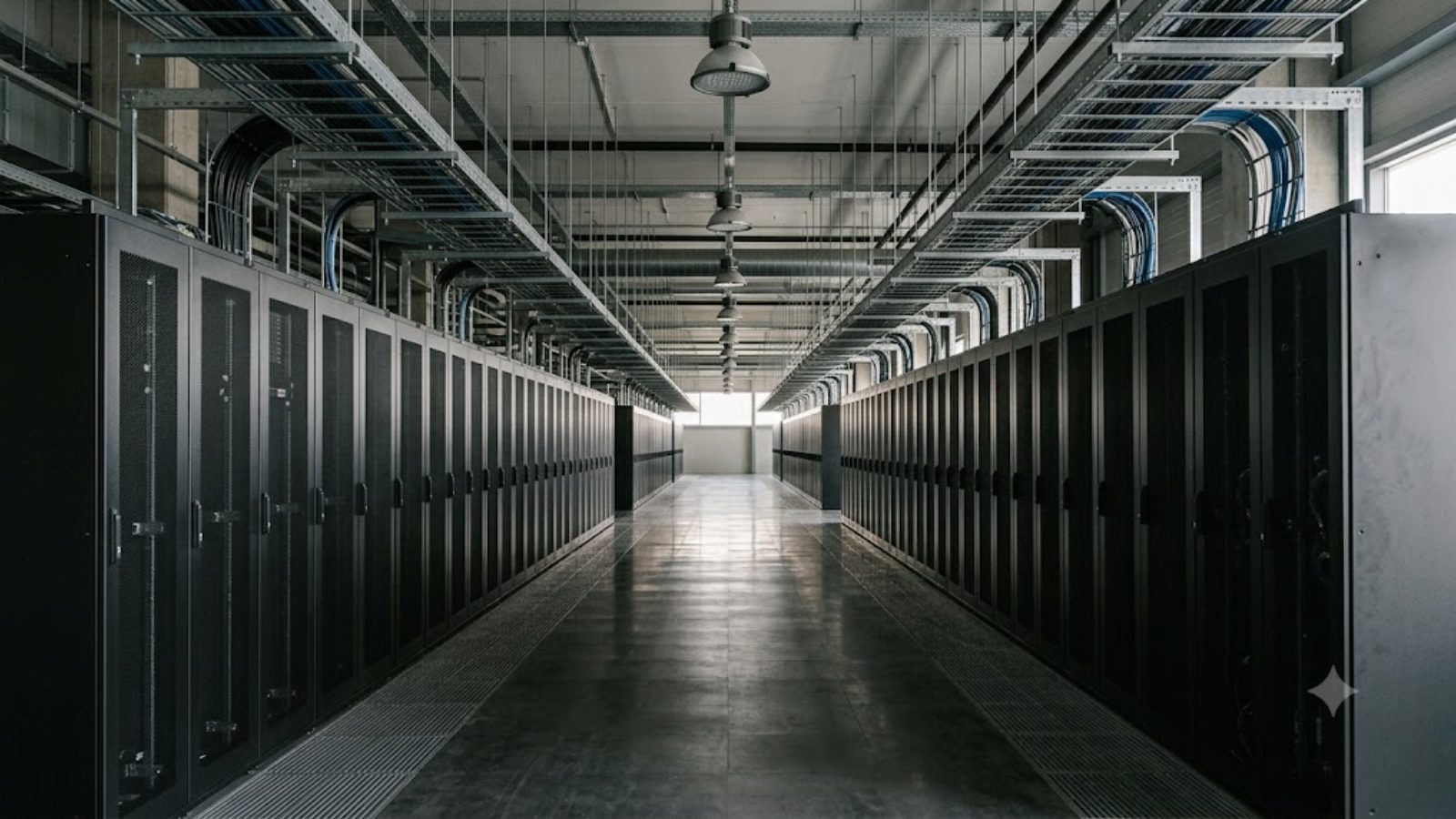 A long corridor of server racks inside a data center, lights receding toward a bright doorway at the far end