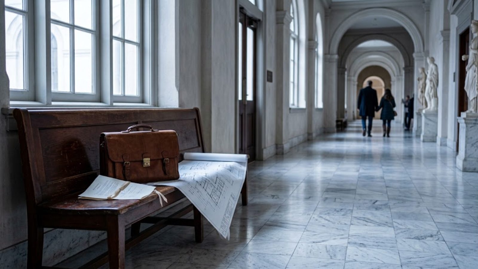 A briefcase and papers left on a wooden bench in the marble corridor of a courthouse, two figures walking away in the distance