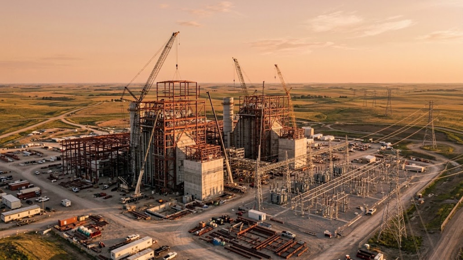An aerial view of a power plant under construction at sunset, tower cranes over the structure and a switchyard beside it