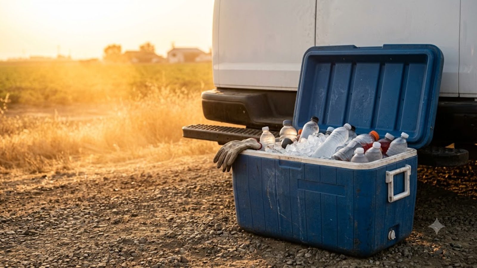 An open blue cooler of iced water bottles with work gloves on its rim, on gravel behind a white truck at sunset.