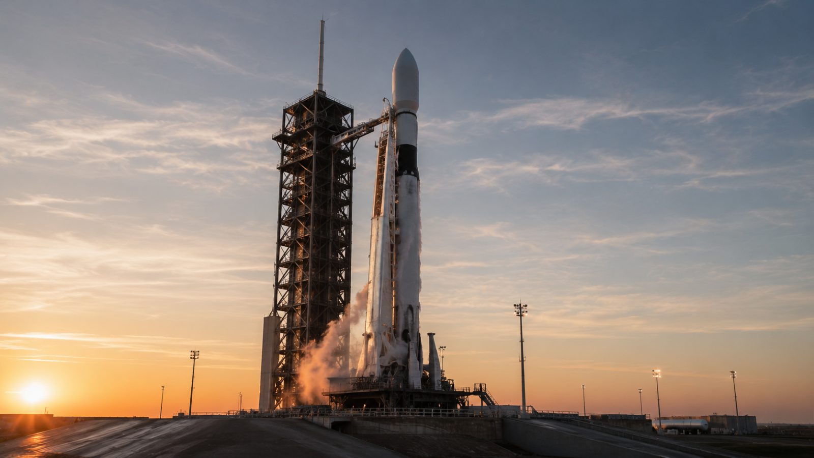 A white rocket stands on its launch pad beside a steel service tower, venting vapor against a sunset sky.
