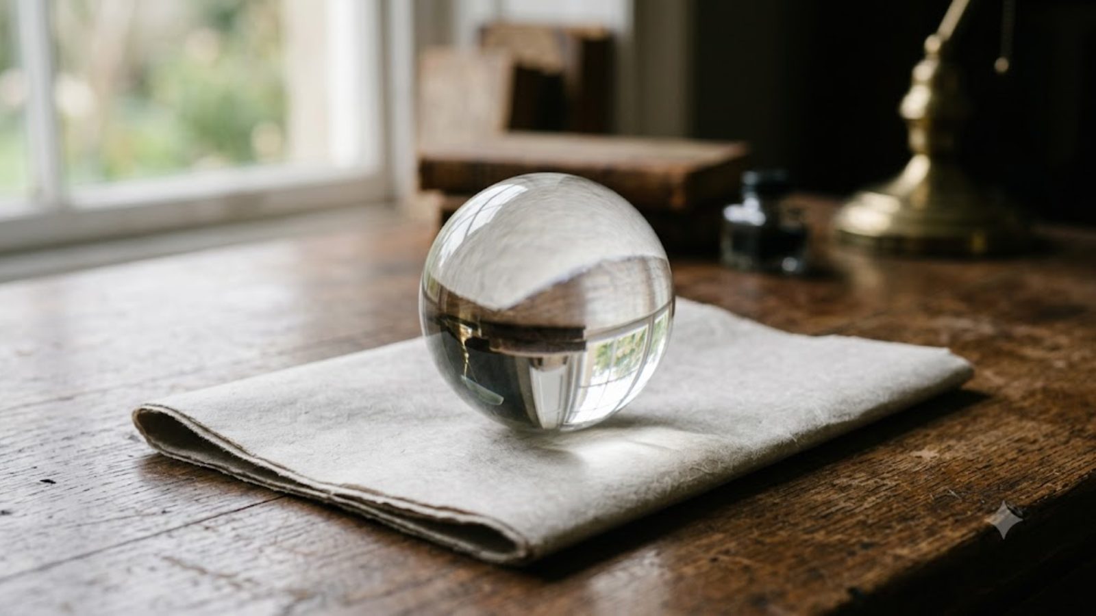 A clear crystal ball rests on a folded linen napkin atop a dark wooden desk beside a window.