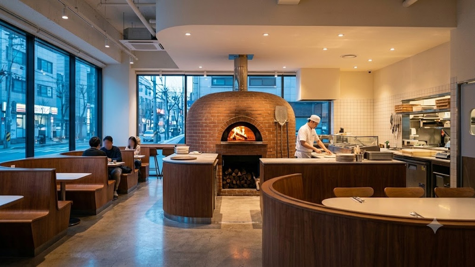 A bright modern pizzeria with a domed brick wood-fired oven, a chef at the counter, wooden booths and big street windows.