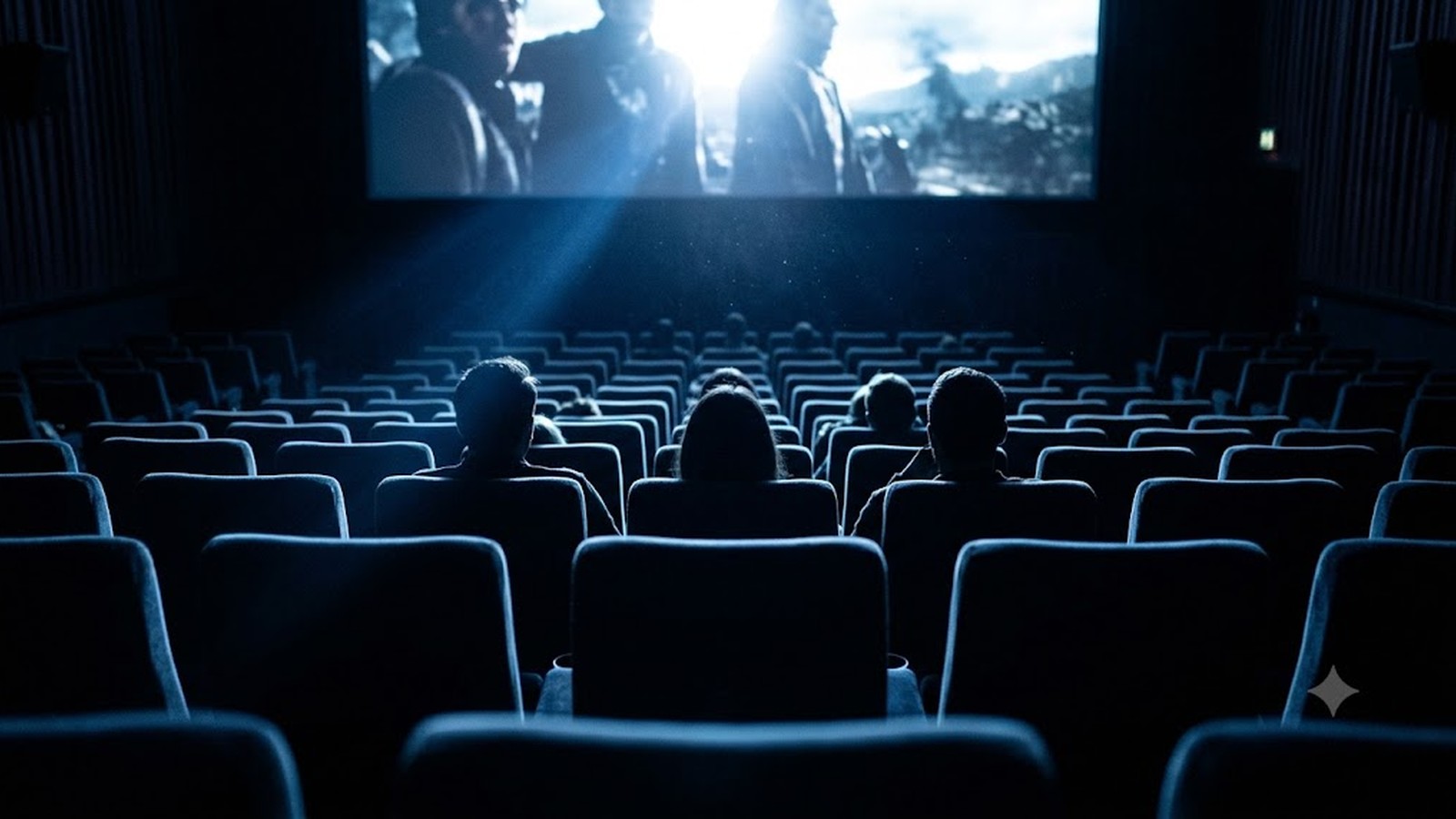 Moviegoers seen from behind sit among rows of dark seats in a cinema as a projector beam lights the big screen.