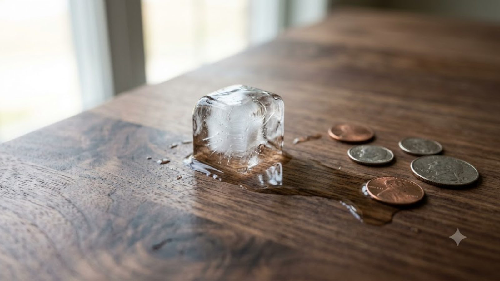 A melting ice cube leaves a puddle beside a few scattered coins on a wooden table in soft daylight.