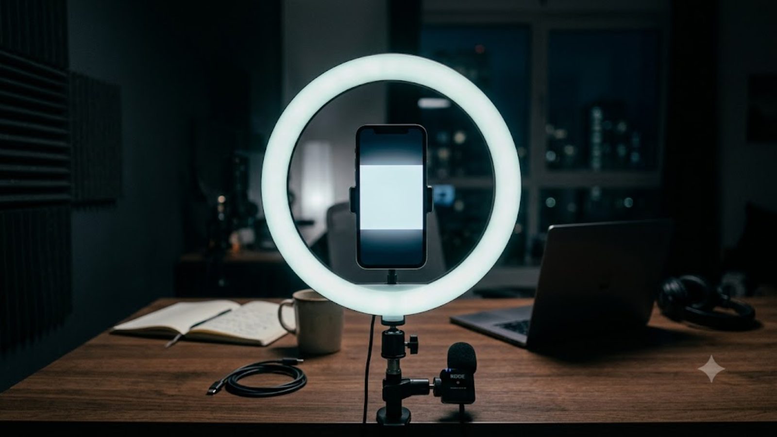 A glowing ring light holds a smartphone above a dark desk with a laptop, open notebook, mug and headphones.