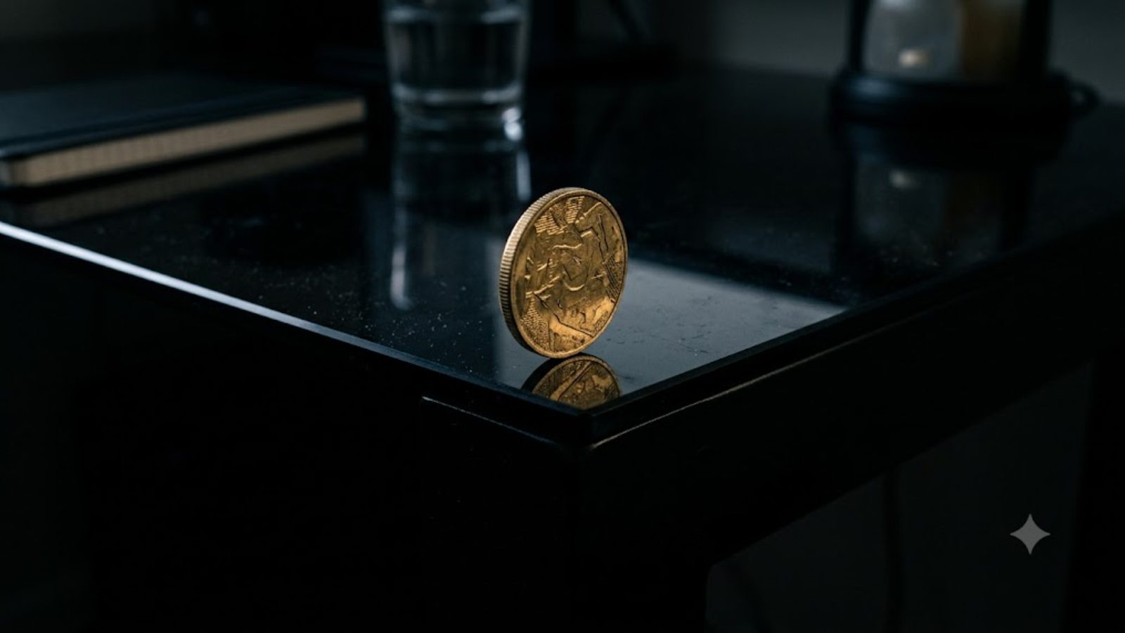 A single gold coin balanced on its edge on a black glass table in near darkness, catching a soft highlight.