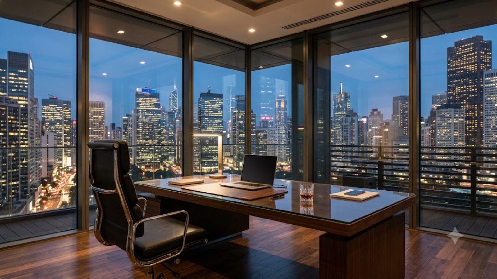 An empty executive corner office at dusk with a desk, laptop and leather chair overlooking glittering skyscrapers.