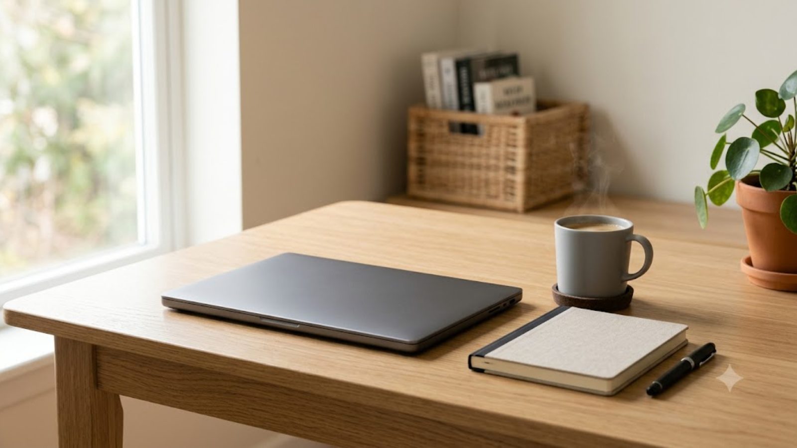 A light wooden desk by a bright window with a closed laptop, notebook, pen, steaming mug and potted plant.