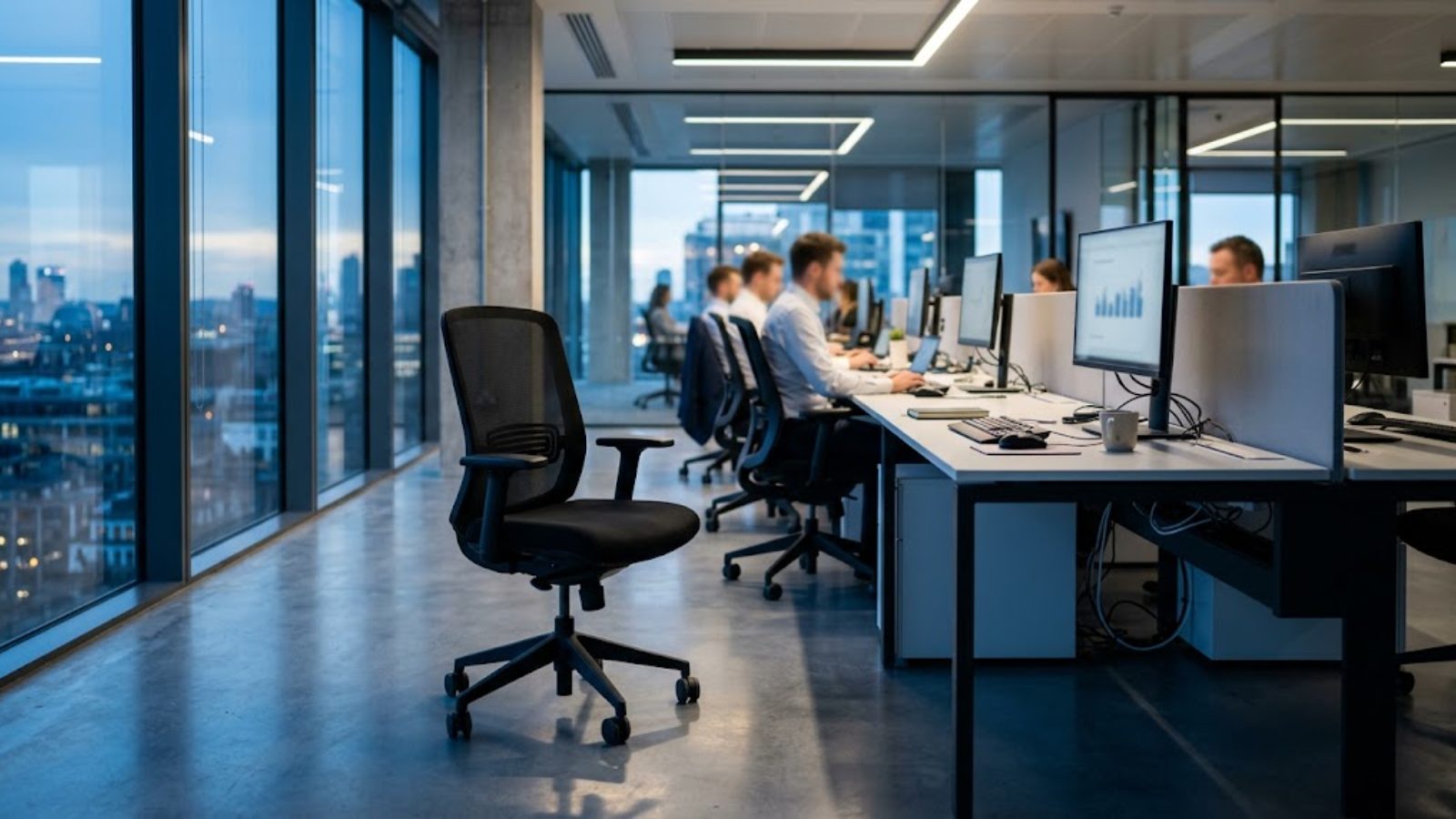Office workers sit at computer desks in a modern high-rise office with floor-to-ceiling windows overlooking a city at dusk.
