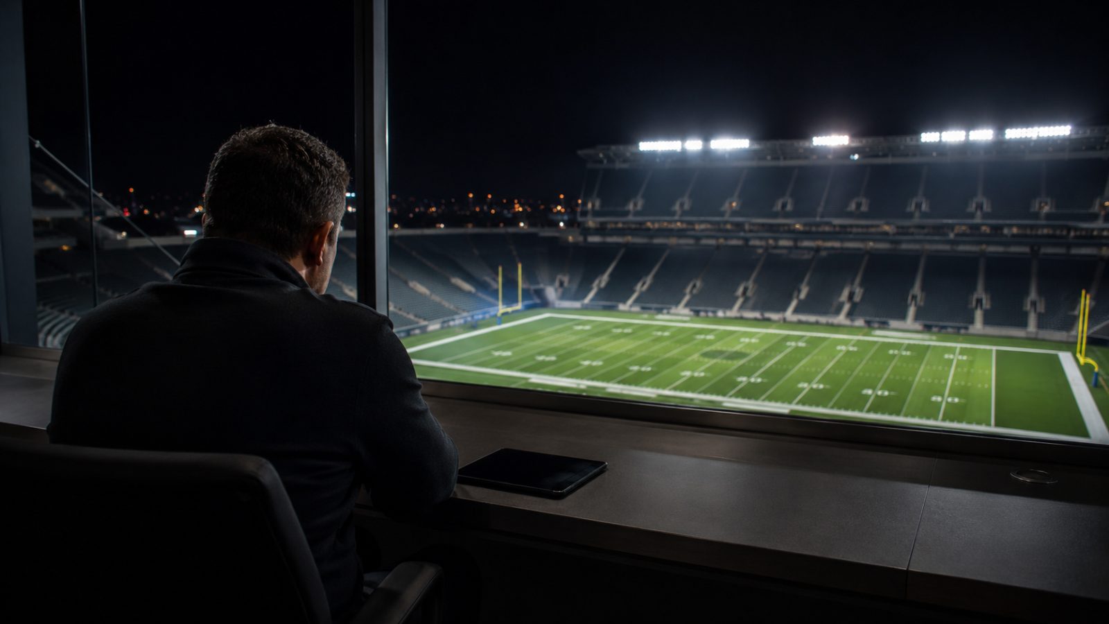 A man seen from behind in a darkened press box looks out over a floodlit American football field at night.