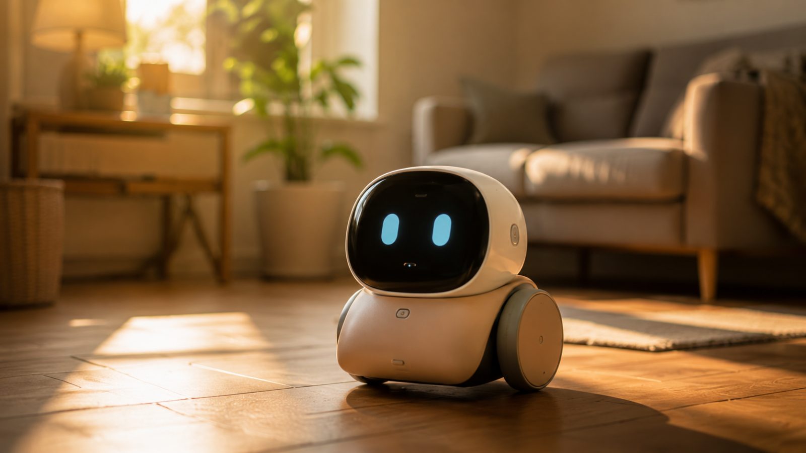 A small white home robot with a black screen face and glowing blue eyes sits on a sunlit living room floor.