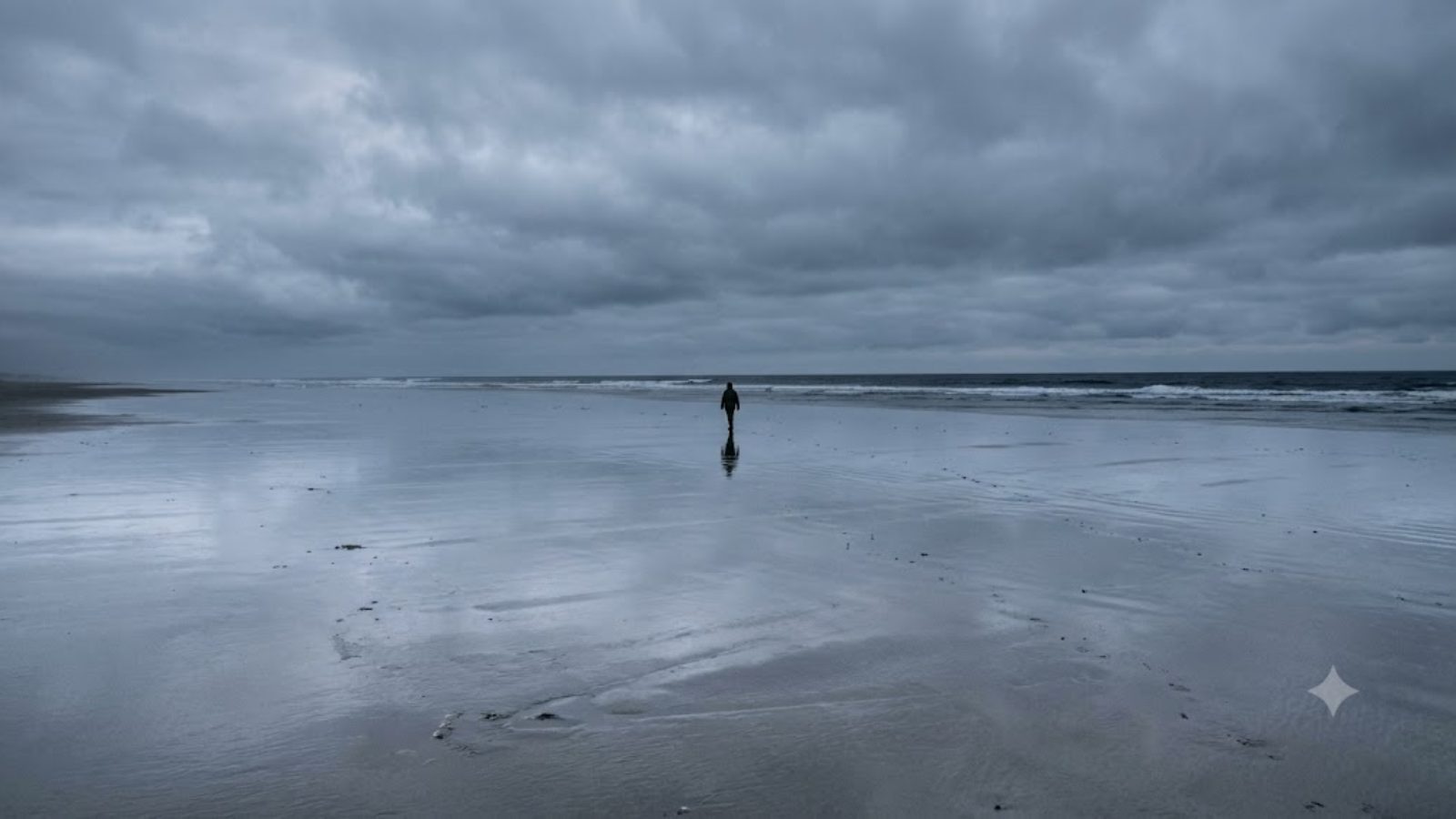 A lone figure walks a vast wet beach at low tide under heavy grey clouds.