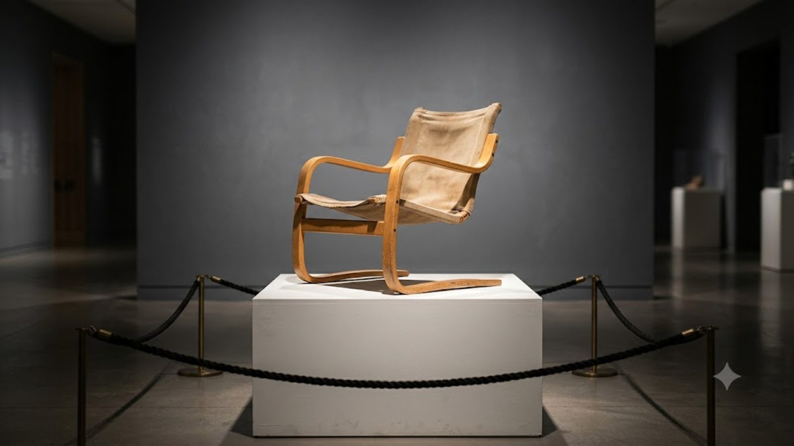 A bentwood armchair displayed on a white plinth behind a low rope barrier in a hushed, dimly lit gray gallery.