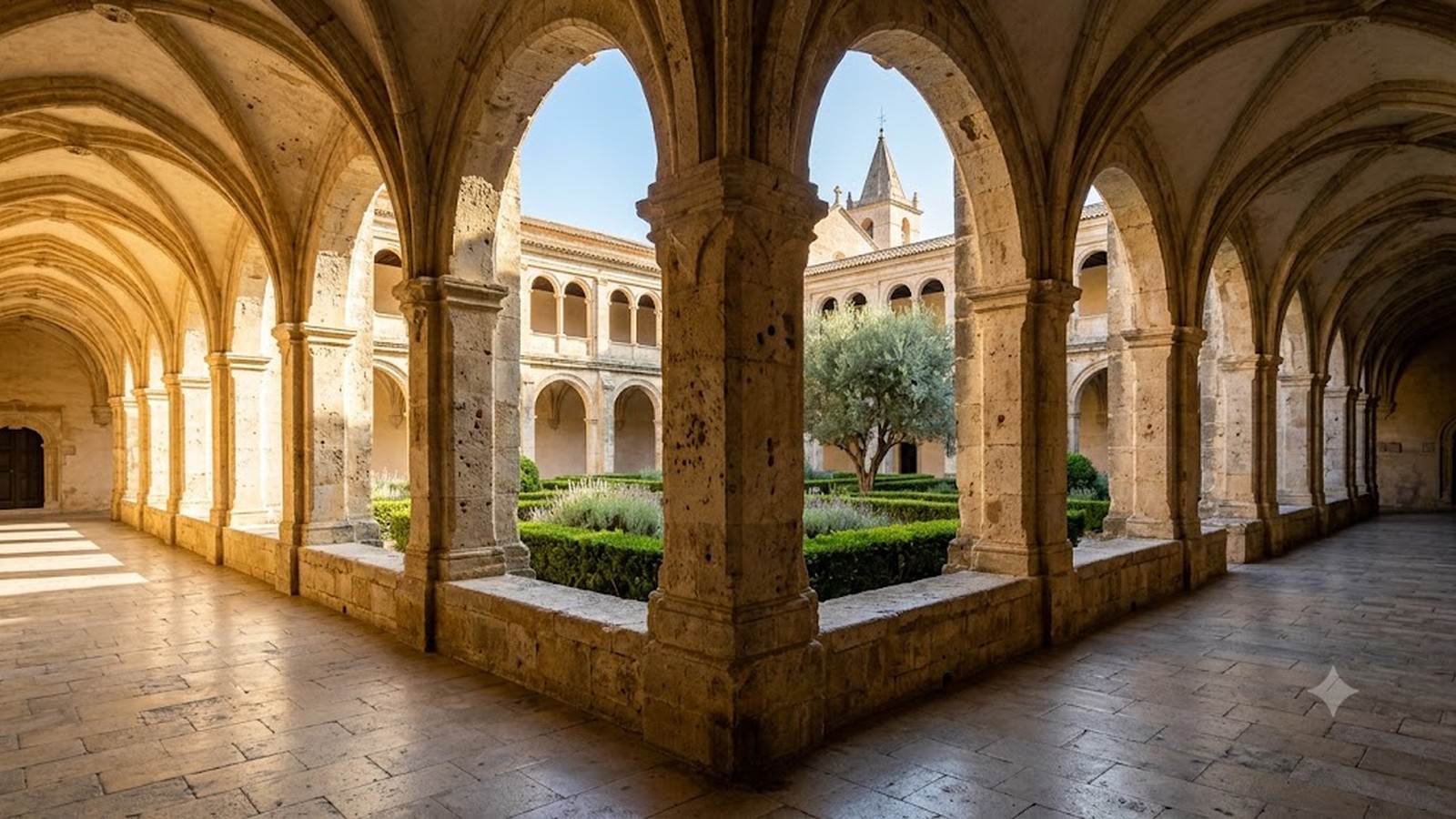 A sunlit Gothic stone cloister with pointed arches frames a garden courtyard, with a bell tower rising beyond.
