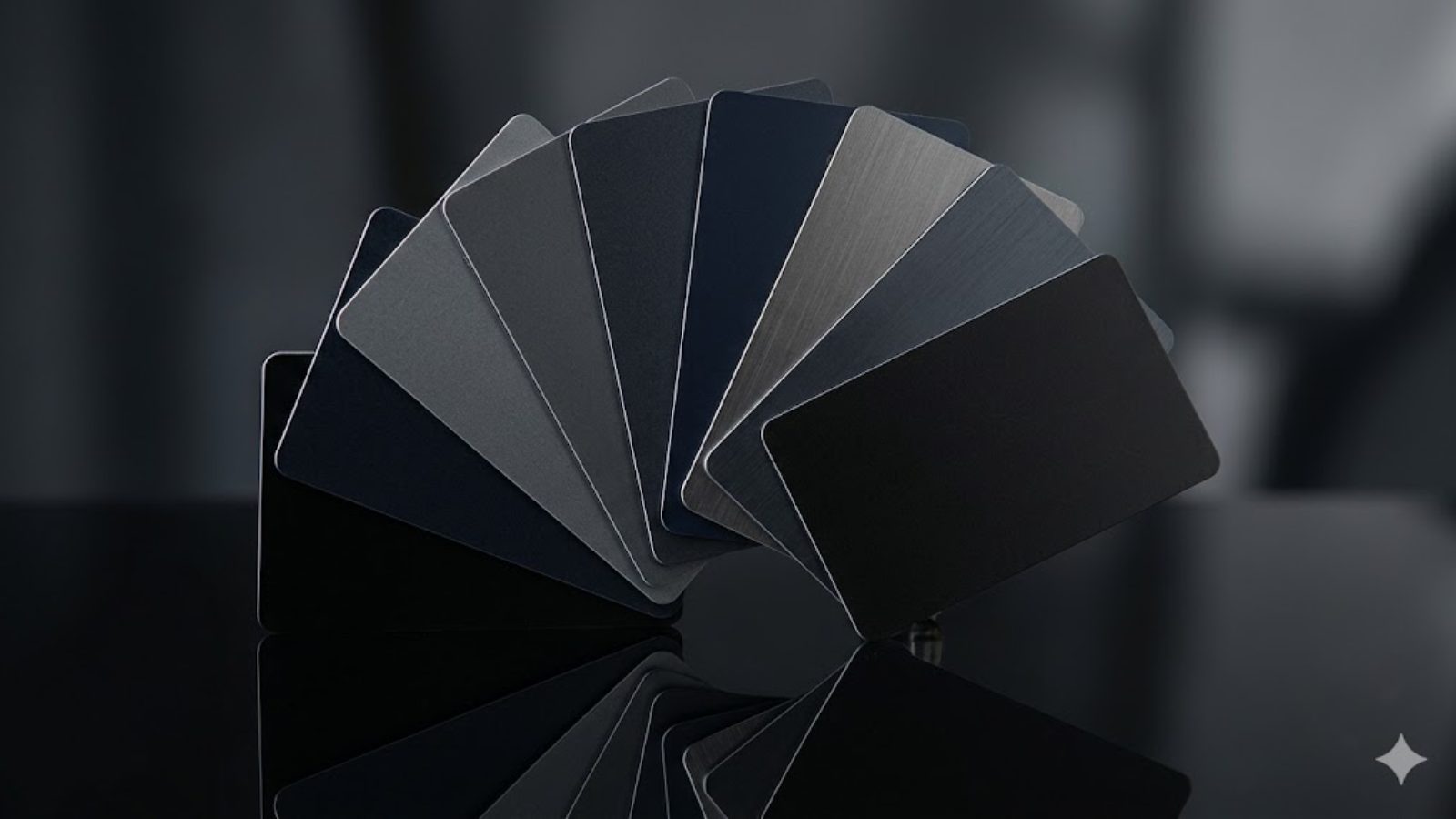 Blank metal cards in graded shades of gray, navy and black fanned out in an arc on a glossy dark surface.