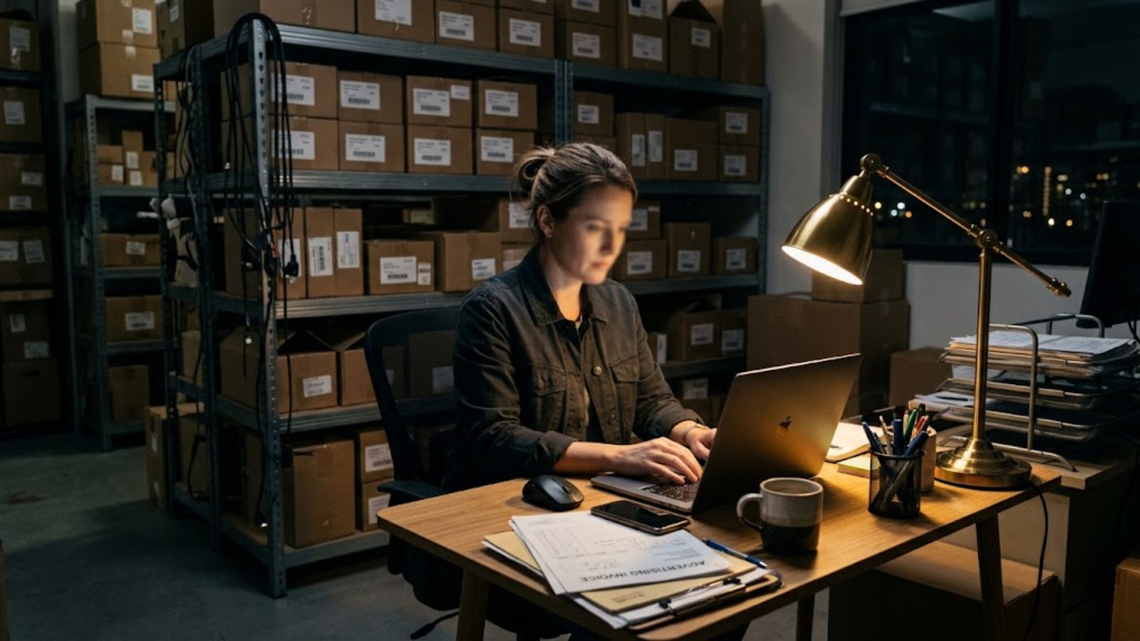 A woman works late on a laptop under a desk lamp in an office lined with boxes.
