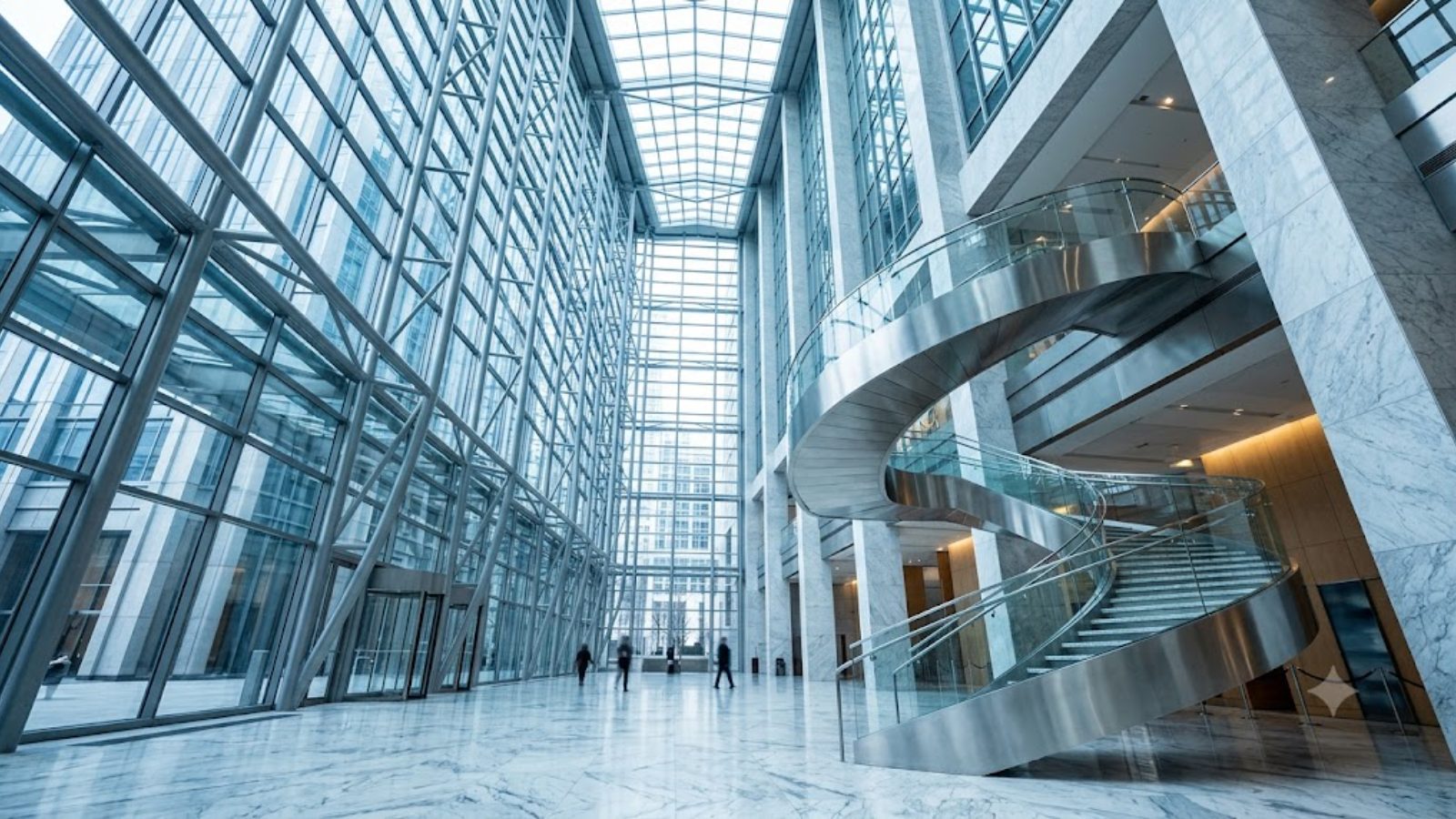 A soaring glass-and-steel atrium with a curving staircase and polished marble floor, a few distant people crossing in daylight.