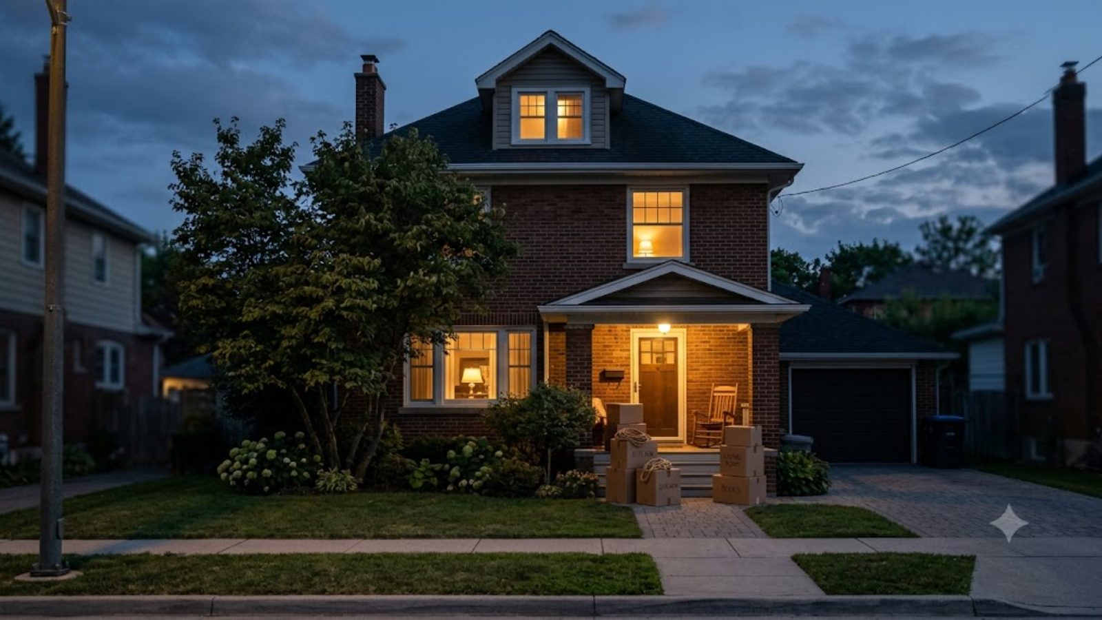 A two-story brick house at blue dusk with warmly lit windows, a glowing porch and moving boxes stacked by the steps.