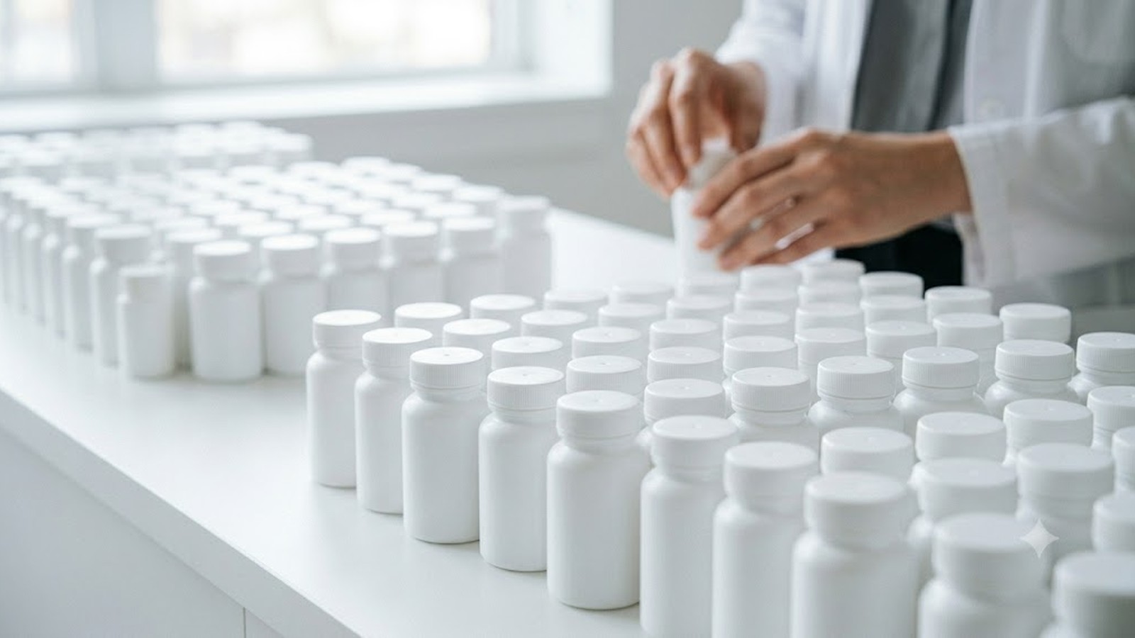 A worker in a white lab coat arranges rows of blank white pill bottles on a bright white counter.