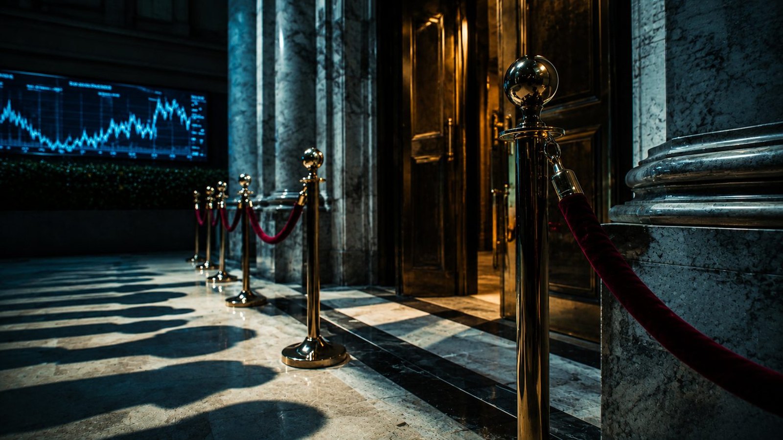 Brass stanchions with red cords line a dim marble lobby beside an open door, a glowing blue chart screen behind.
