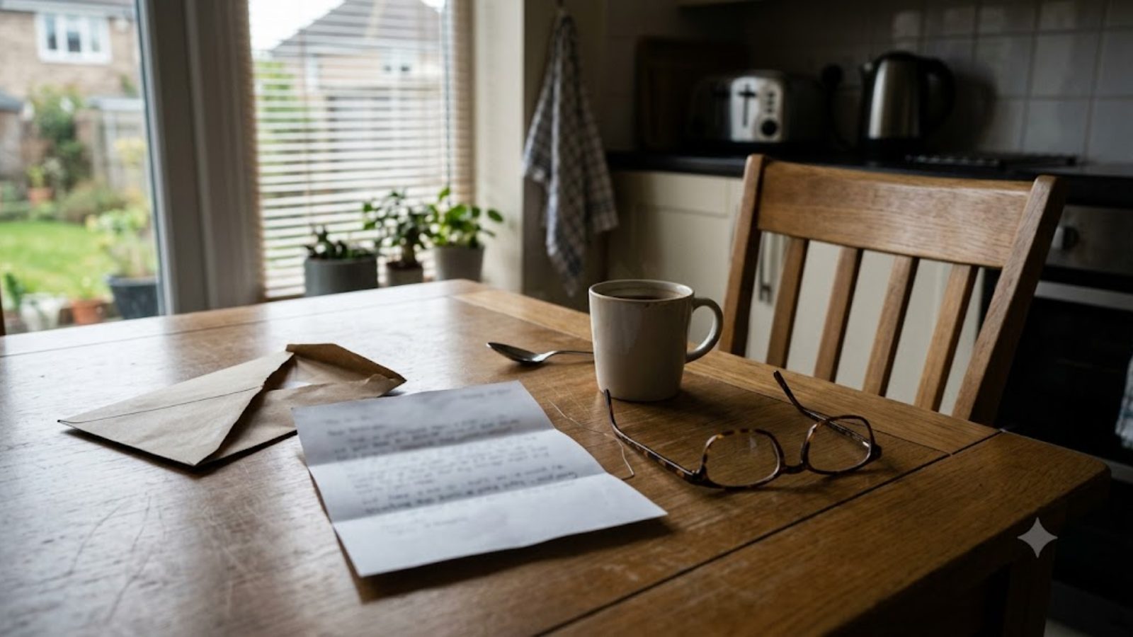 An opened envelope and a letter beside reading glasses and a mug on a wooden kitchen table in gray daylight.