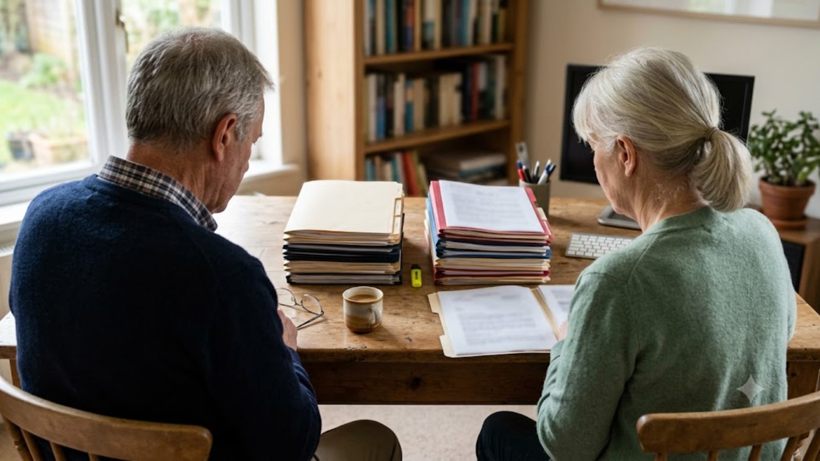 An older couple seen from behind reviews stacked binders and papers at a wooden desk beside bookshelves and a garden window.