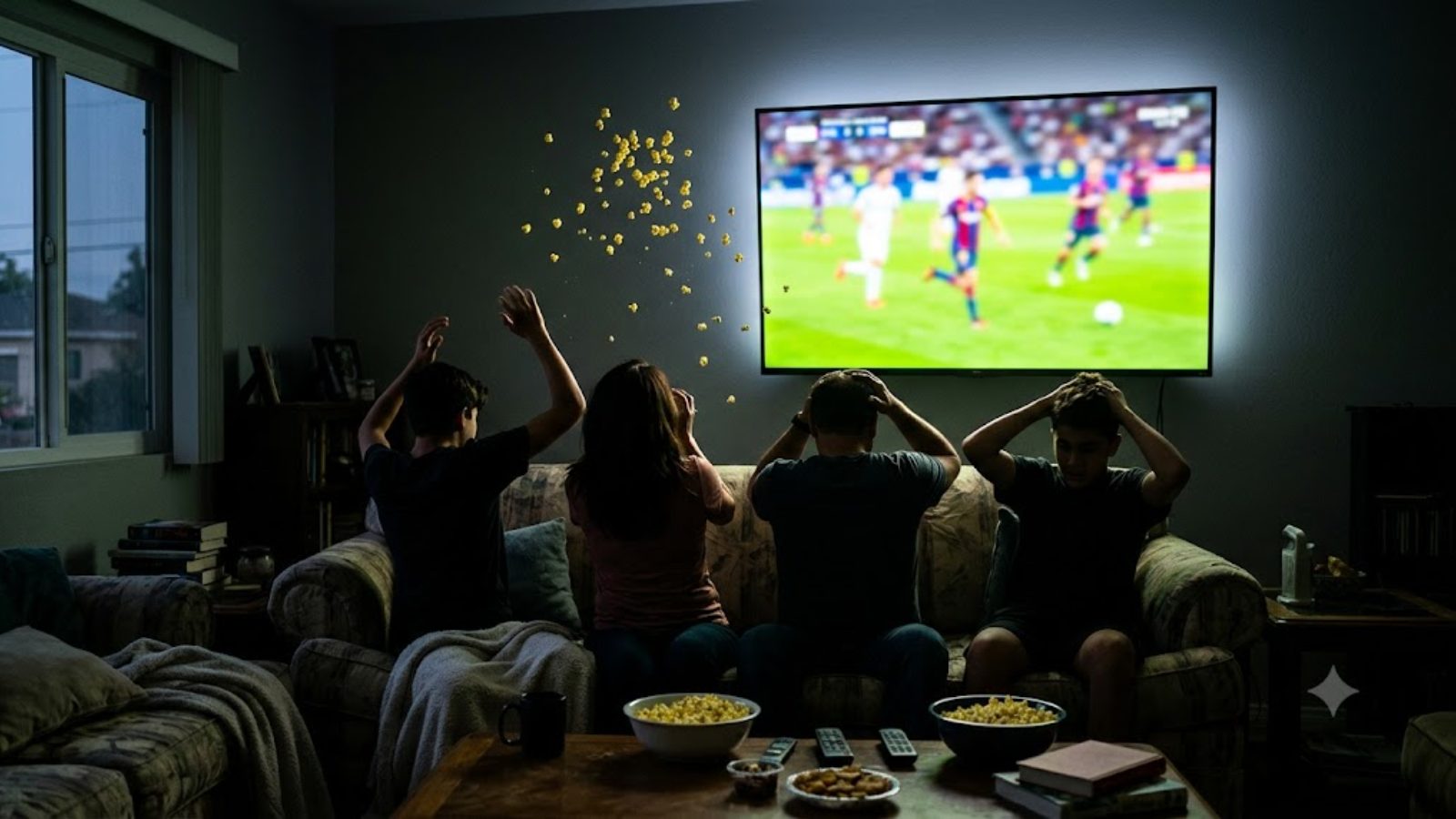A family on a couch throws up their arms and popcorn as a match plays on the wall-mounted TV.
