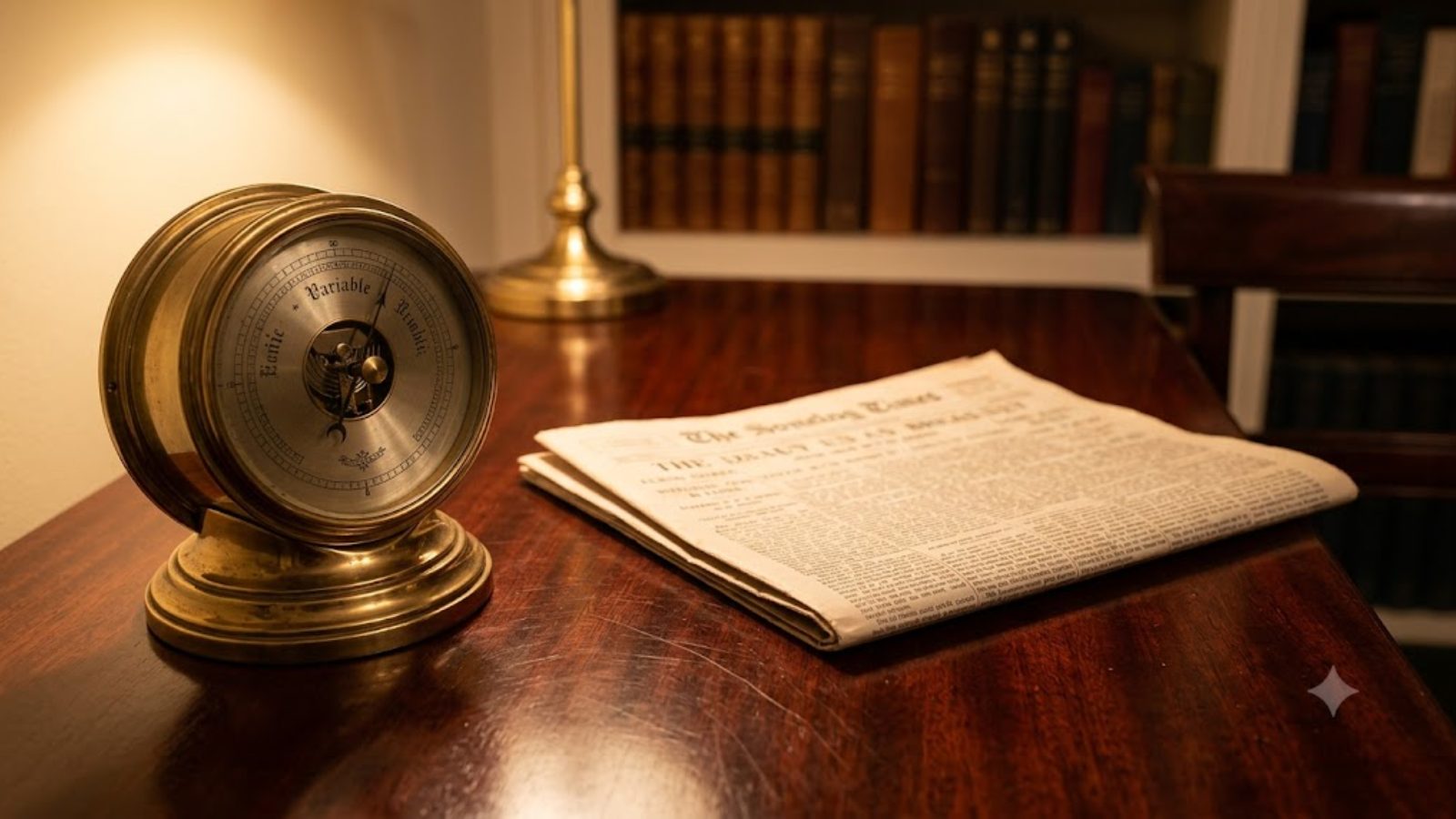 A brass barometer beside a folded newspaper on a polished mahogany desk, with a brass lamp and shelves of old books behind.