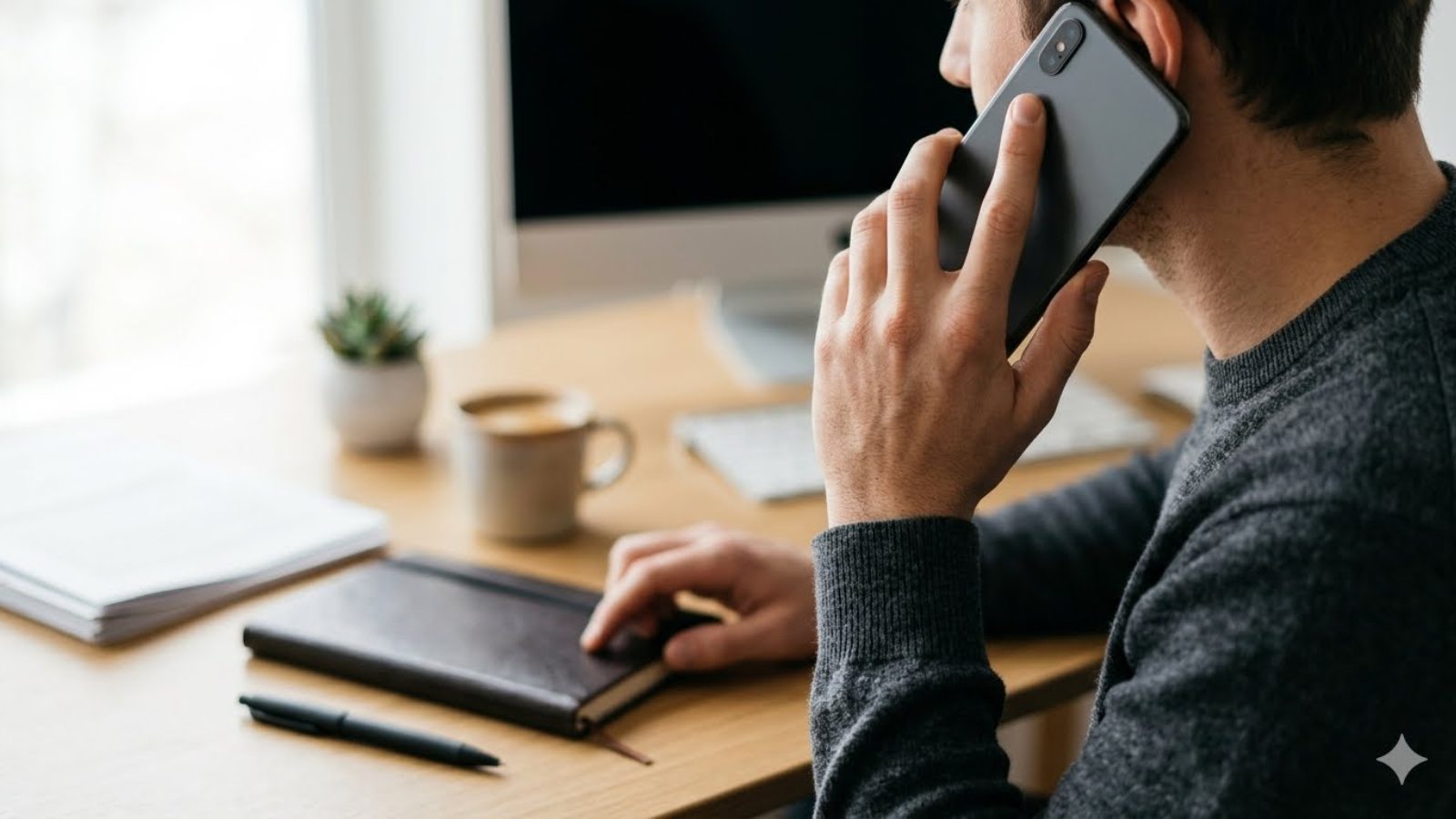 A man in a gray sweater takes a phone call at a bright desk with a notebook, pen and coffee cup.