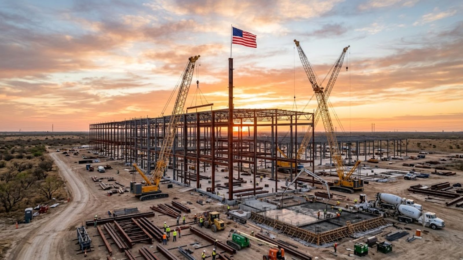 A steel-framed building under construction at sunset, crawler cranes alongside it and a U.S. flag flying from the frame.