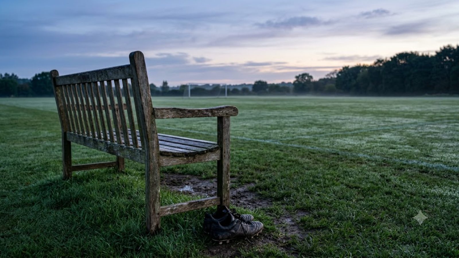 A weathered wooden bench beside an empty playing field at dawn, mist over the grass, a pair of muddy boots left underneath it.