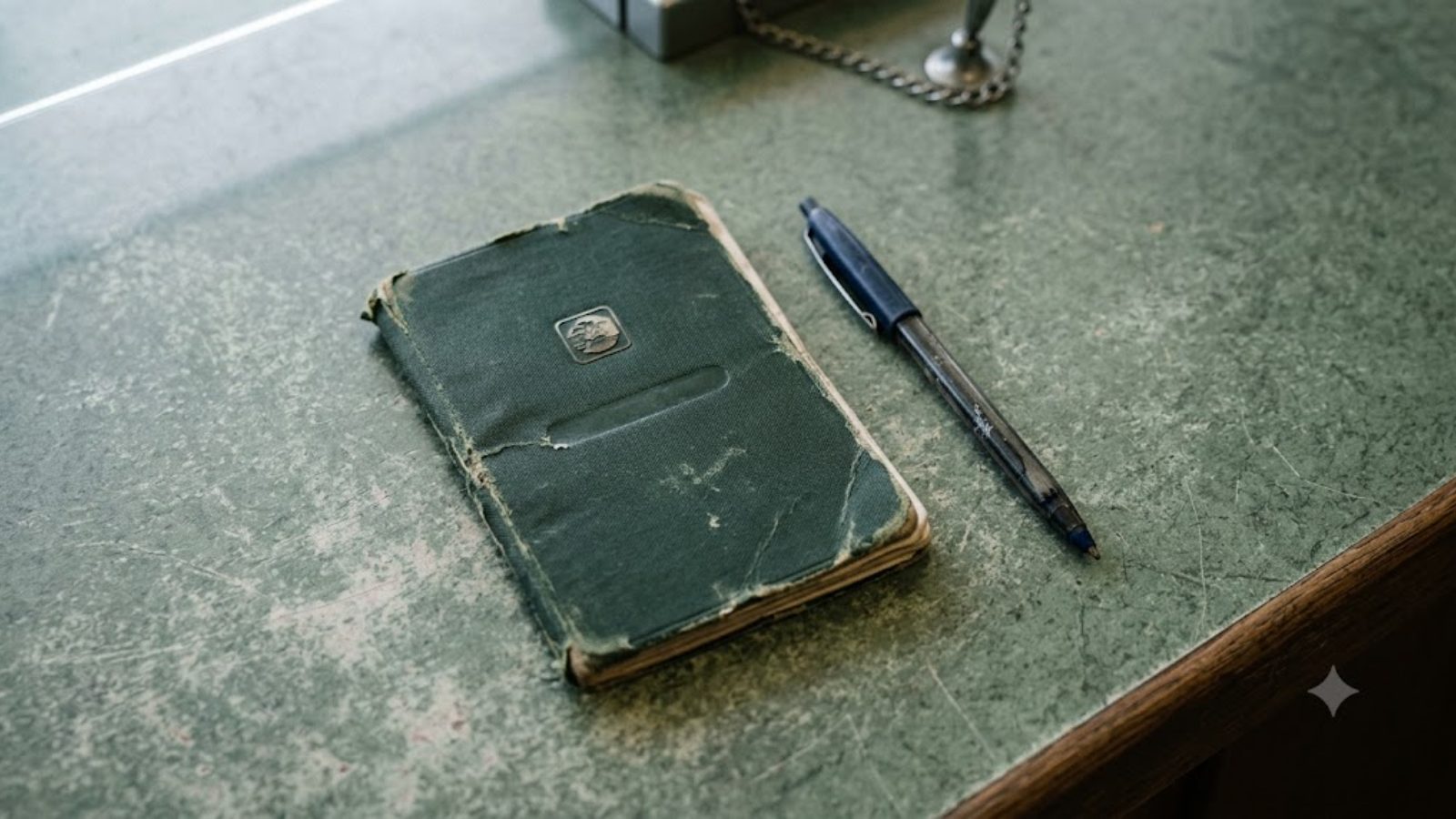 A worn green savings passbook lying closed beside a pen on a scuffed green counter.