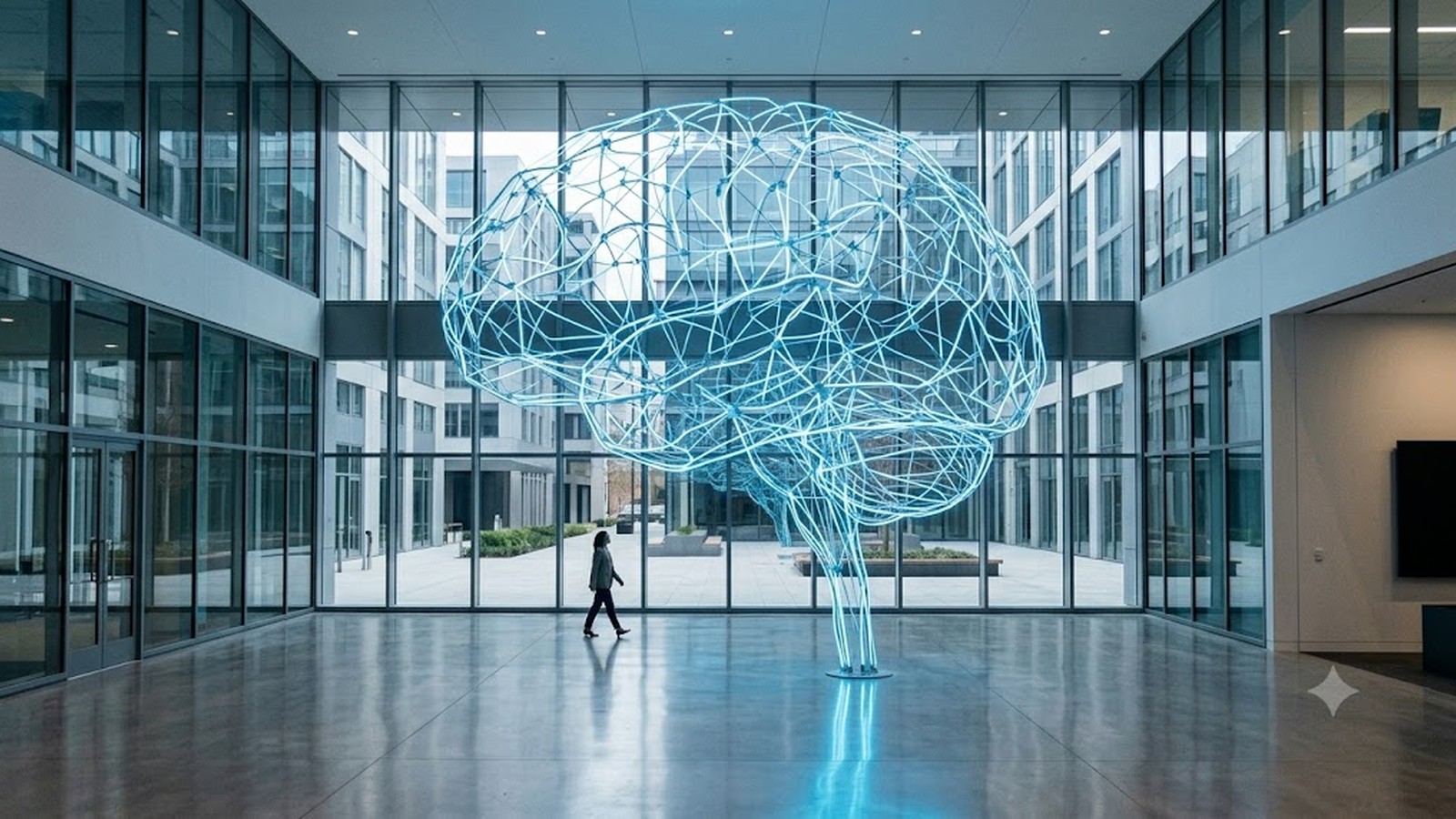 A large blue neon wire-frame sculpture of a brain suspended in a glass atrium, one person walking past below.
