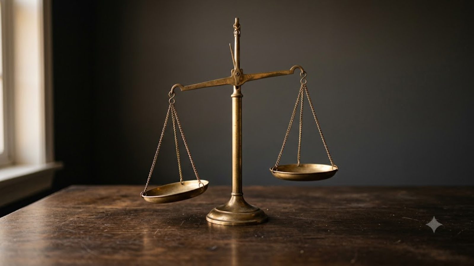 An antique brass balance scale with two empty pans, standing on a dark scuffed wooden table beside a window.