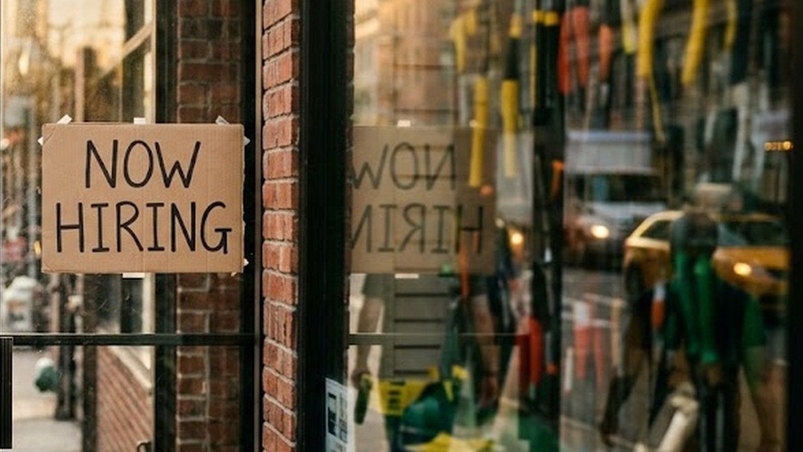 A hand-lettered Now Hiring sign taped inside a shop window, the street reflected in the glass.