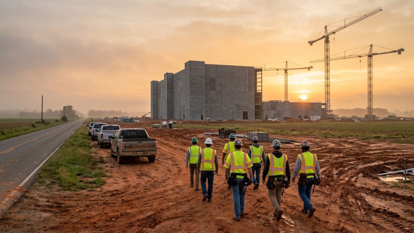 A crew in high-visibility vests walking toward a data centre under construction, tower cranes behind it at sunrise.