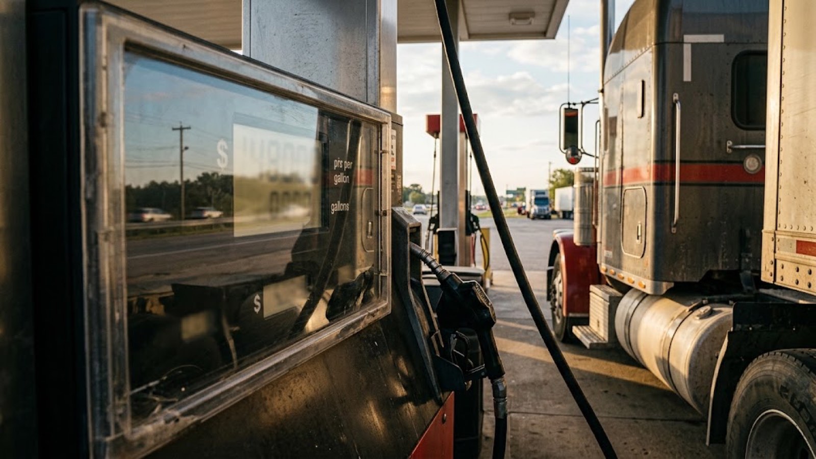 A weathered diesel pump at a truck stop with a semi tractor-trailer alongside in late-afternoon light.