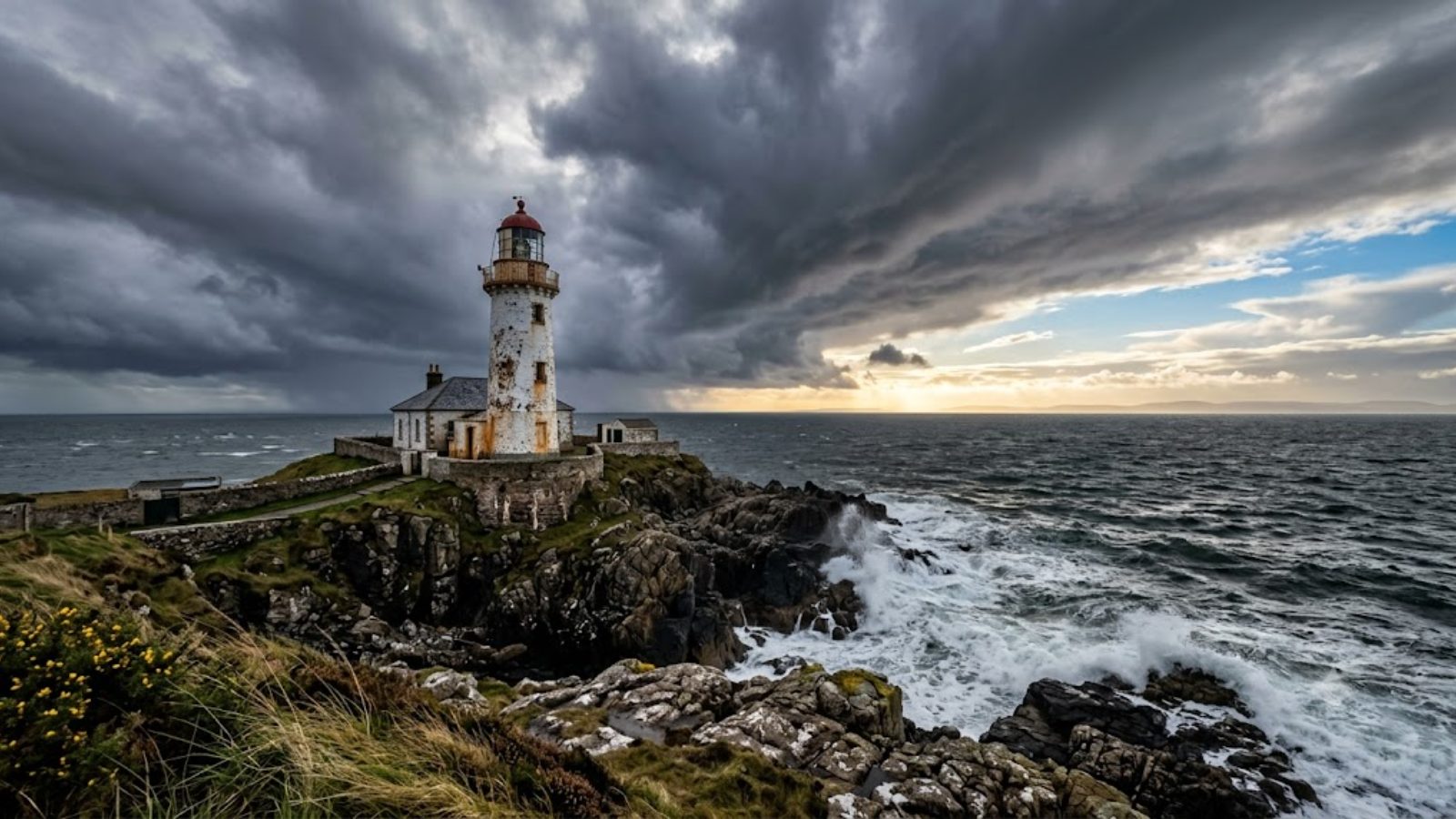 A lighthouse on a rocky headland under a heavy storm sky, waves breaking white against the rocks below.
