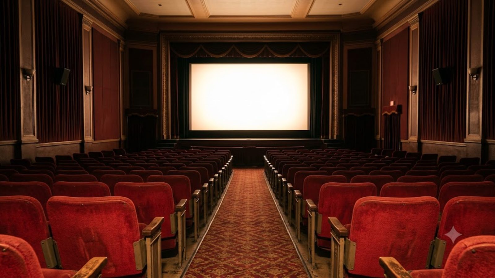 An empty vintage cinema auditorium with rows of red velvet seats facing a lit blank screen.