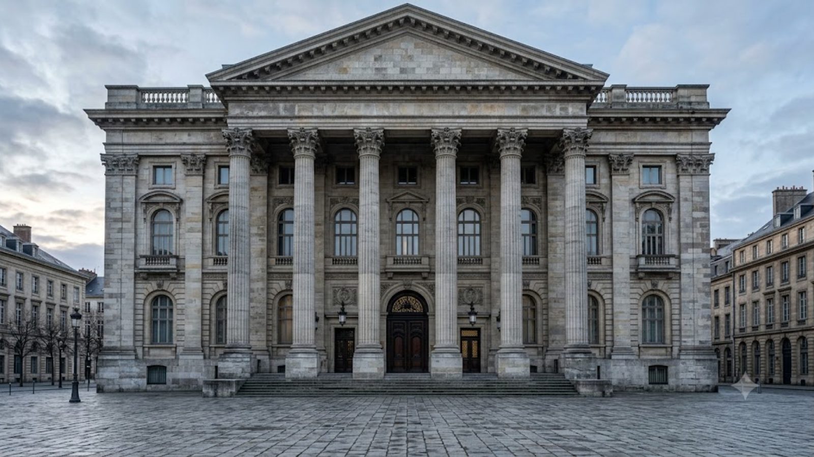A neoclassical stone building with a columned portico rising above an empty cobbled square at dusk.