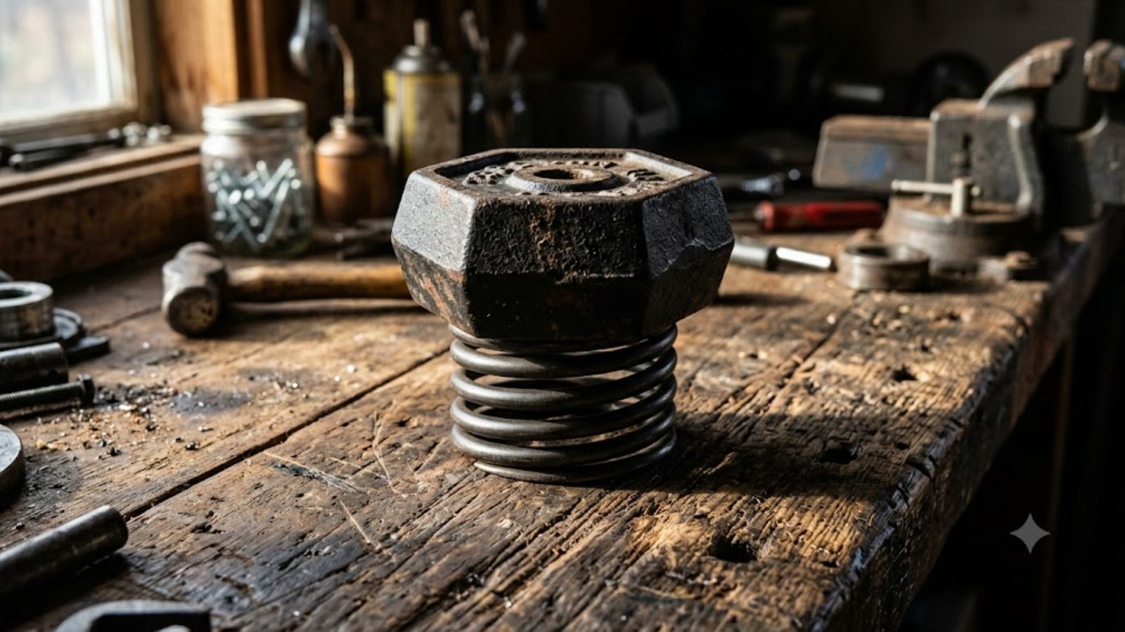 A heavy iron hex nut balanced on top of a coiled steel spring on a worn wooden workbench.