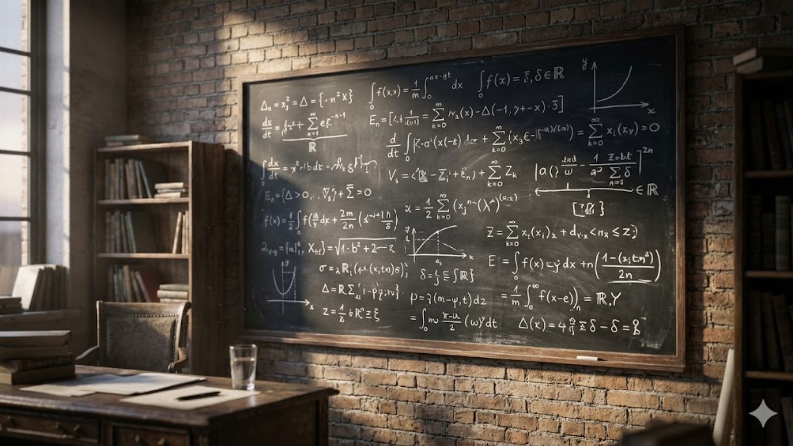 A classroom chalkboard covered edge to edge in handwritten equations, an empty desk in front of it.