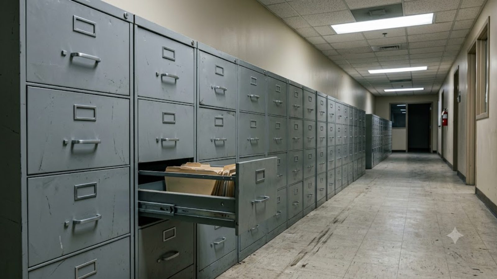 A corridor of steel filing cabinets under fluorescent light, one drawer pulled open.