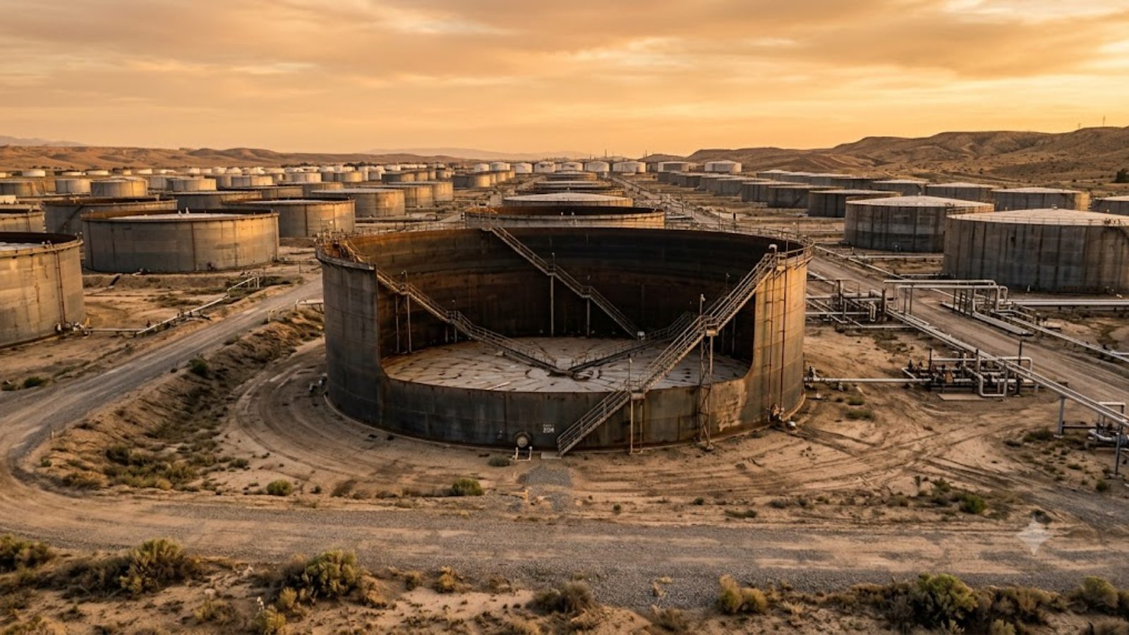 Rusting crude storage tanks in a desert tank farm, the paint weathered and the ground bare.