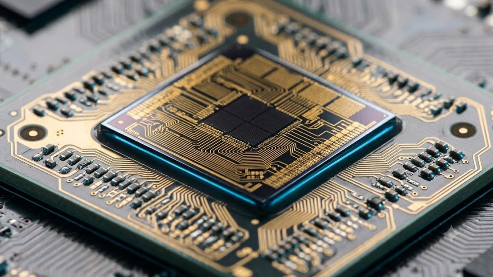 A close-up of a processor mounted on a green circuit board, gold contacts catching the light.