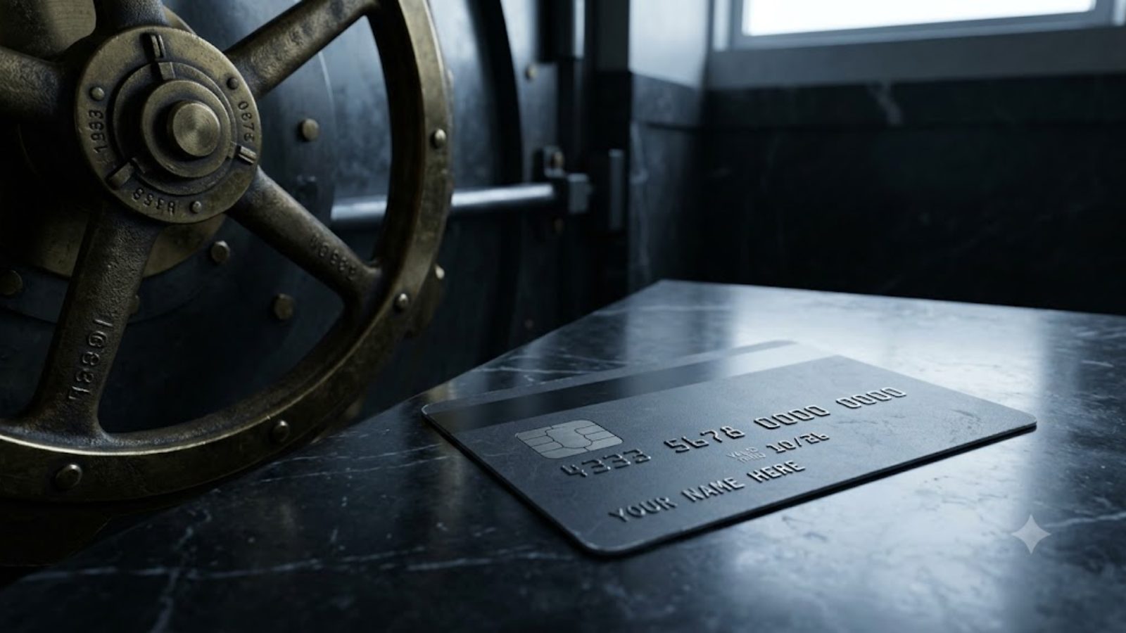 The steel wheel of a bank vault door beside a credit card lying on a dark counter, in low light.