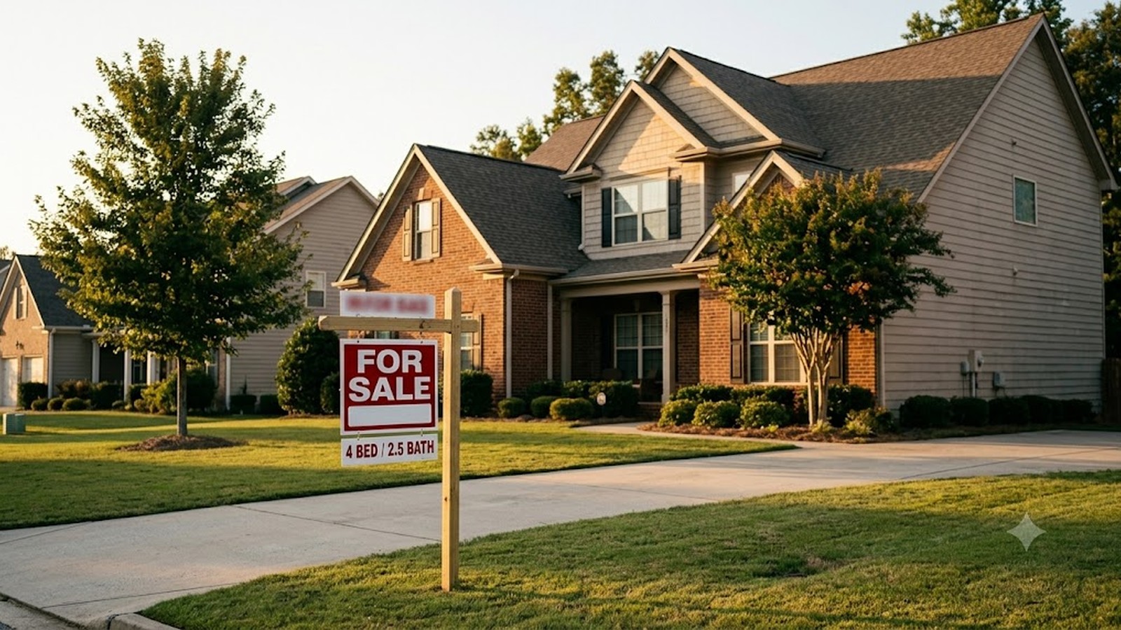 A two-story suburban house with a red For Sale sign on the front lawn in late-afternoon light.